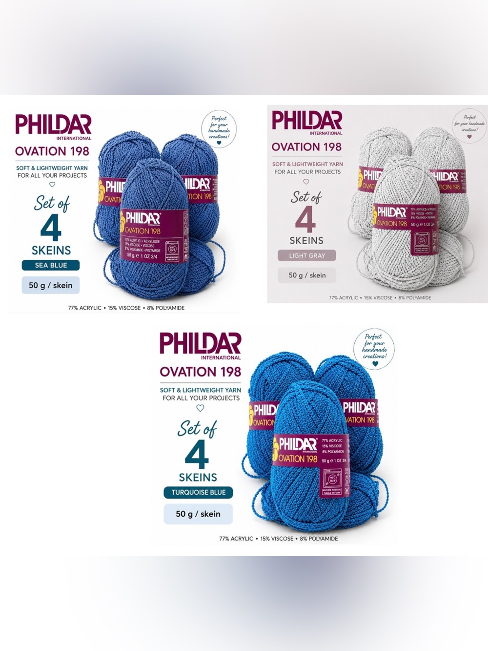 Phildar Ovation 198 Yarn - Vintage - 3 Sets of 4 Skeins: Blue, Gray, Turquoise